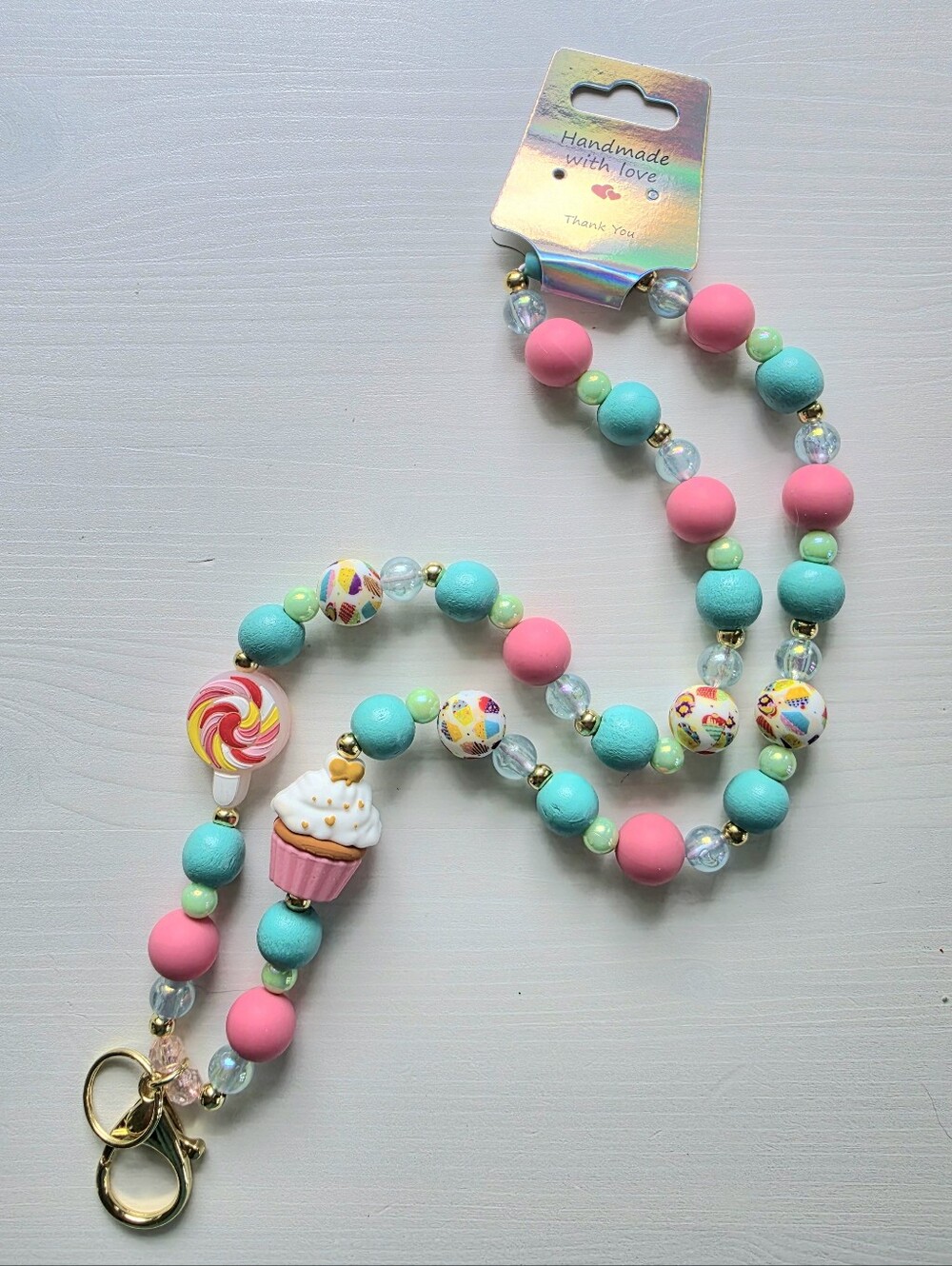 Handmade Pink & Teal Beaded Lanyard with Cupcake Charm